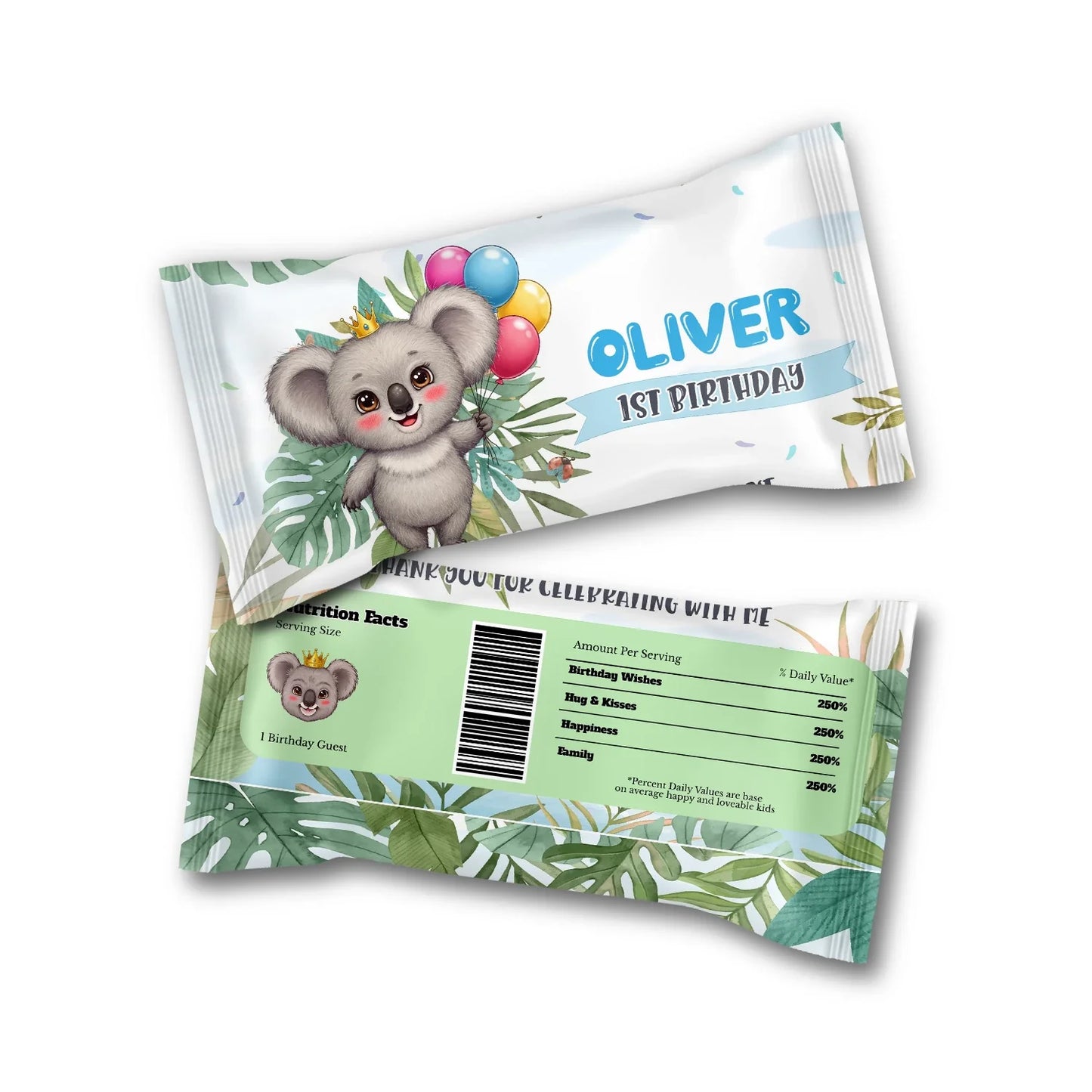 Custom koala-themed Skittles bag labels for birthdays