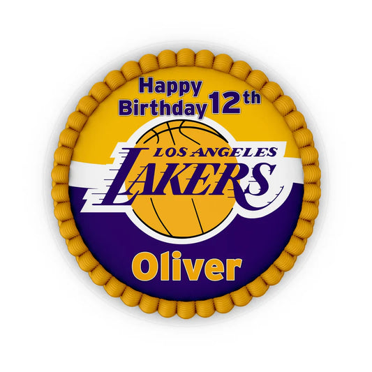 LA Lakers edible icing cake images featuring team logo and purple border applied to round cake