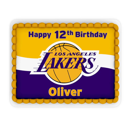 LA Lakers sheet cake topper with full-size edible print in vibrant Lakers colors on white background
