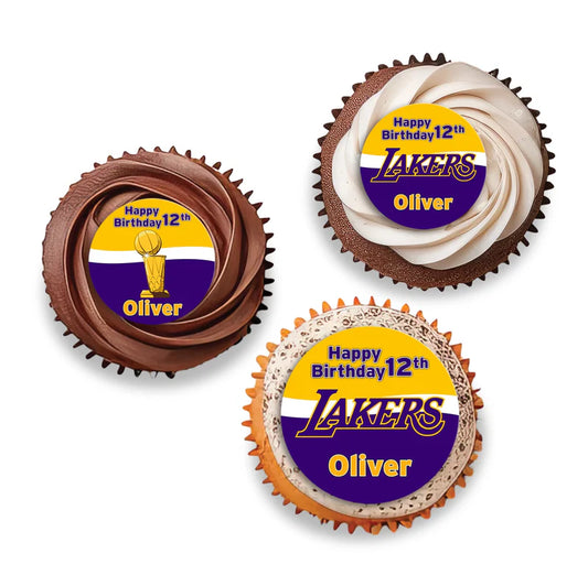 LA Lakers cupcake toppers with round team designs on purple frosted cupcakes arranged in rows