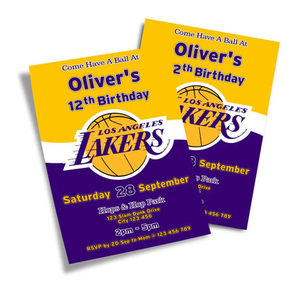 LA Lakers birthday card invitations with purple and gold graphics fanned out on flat surface