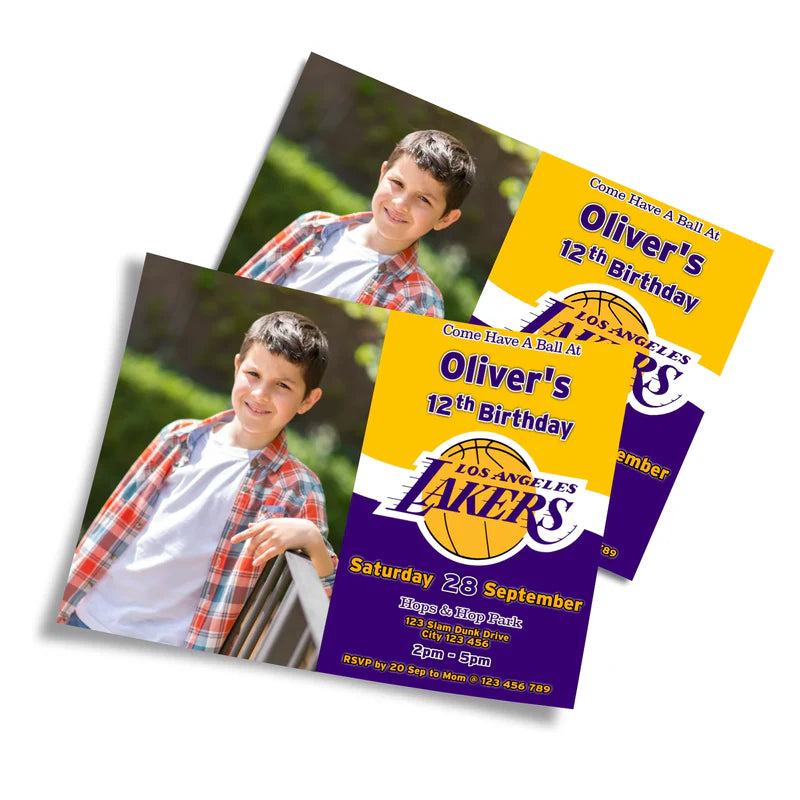 LA Lakers photo card invitations with player silhouette and custom text on clean white background