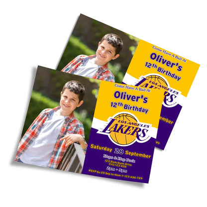 LA Lakers photo card invitations with player silhouette and custom text on clean white background