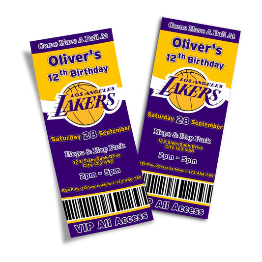 LA Lakers birthday ticket invitations styled like game tickets with editable name and date