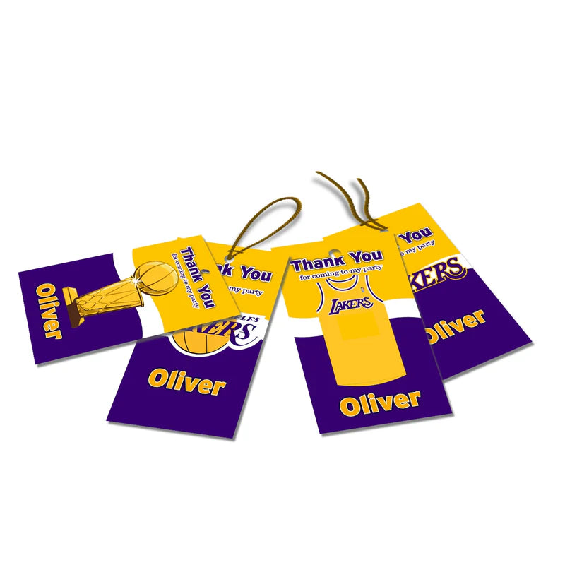 LA Lakers thank you tags with purple and gold stripes and editable message tied to party favor
