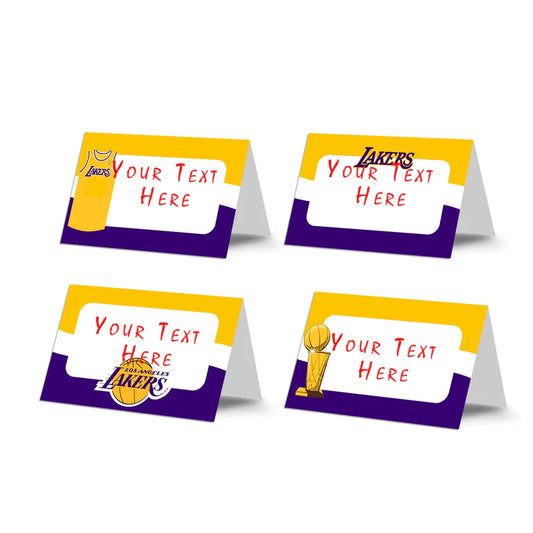 LA Lakers food cards with editable labels in team colors next to snacks on party table