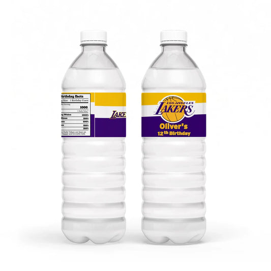 LA Lakers water bottle labels in purple and gold wrapped around clear bottles, front-facing view
