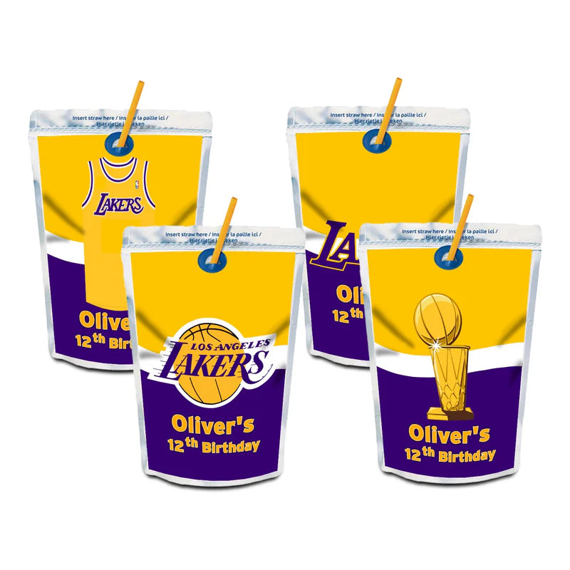 LA Lakers juice pouch label in purple and gold applied to silver pouch on clean background