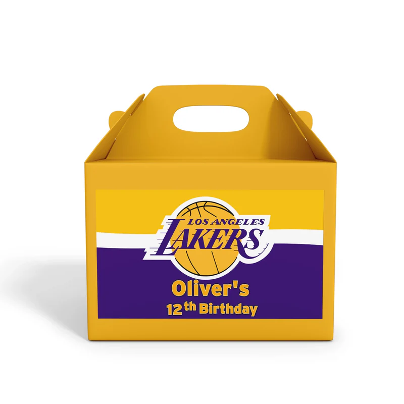 LA Lakers treat box label in team colors attached to kraft favor box on white surface