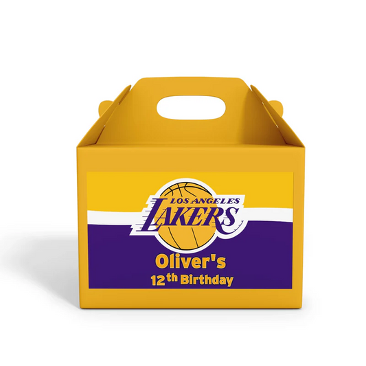 LA Lakers treat box label in team colors attached to kraft favor box on white surface
