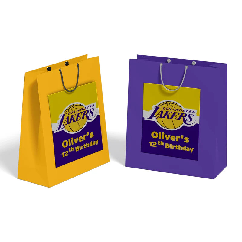 LA Lakers goodie bag label in purple and gold with custom text applied to white paper bag