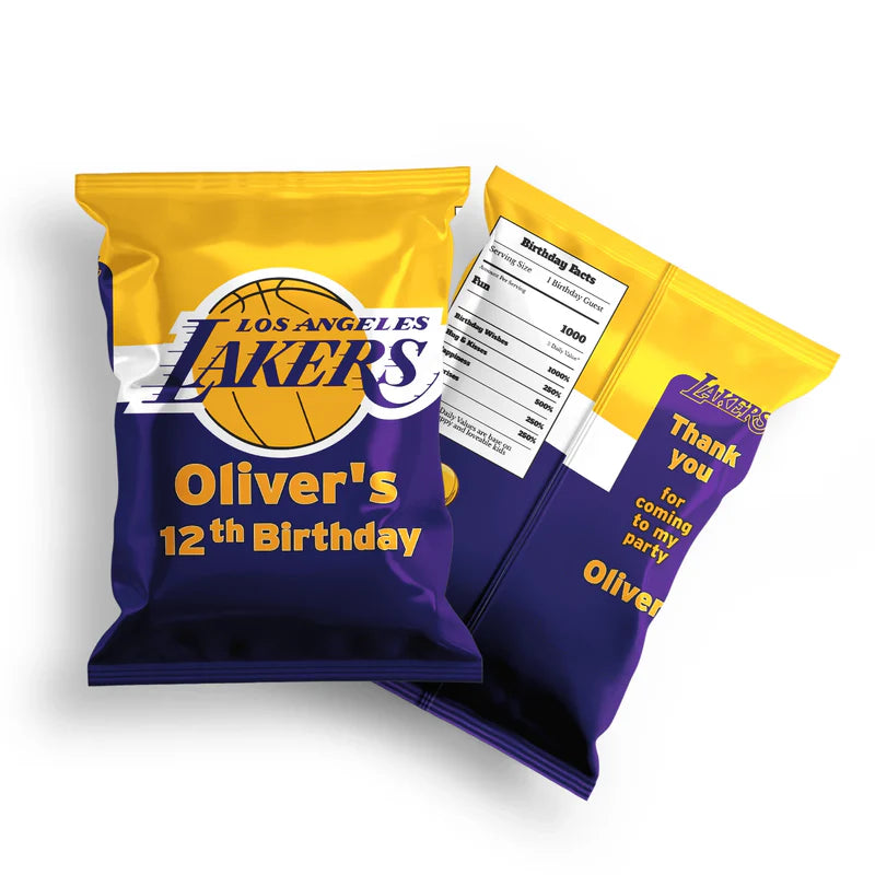 LA Lakers chips bag label in purple and gold wrapped around snack bag with custom name