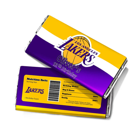 LA Lakers chocolate label in vibrant team colors wrapped around standard candy bar