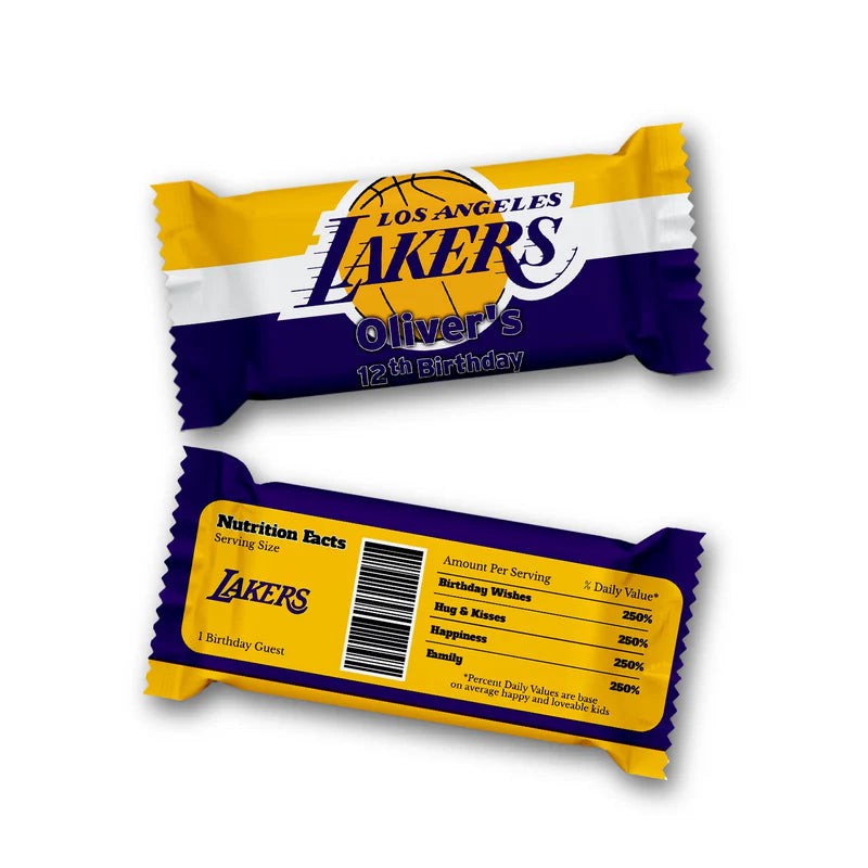 LA Lakers Rice Krispies and candy bar labels in matching Lakers colors side by side on white
