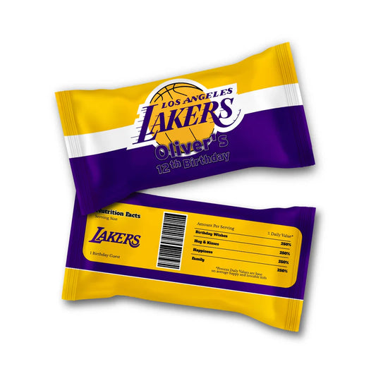 LA Lakers Skittles label in team theme wrapped around small candy bag on flat background
