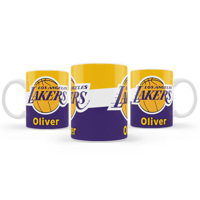 LA Lakers sublimation mug in white ceramic with full-wrap Lakers design on wood surface