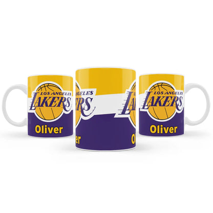 LA Lakers sublimation mug in white ceramic with full-wrap Lakers design on wood surface