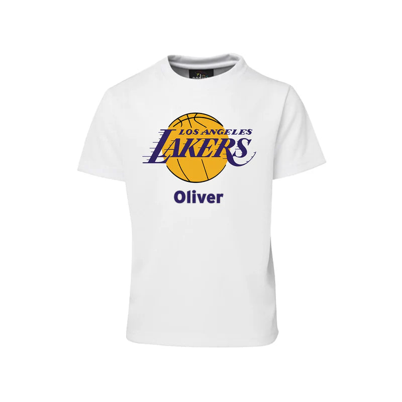 LA Lakers sublimation t-shirt in white with vibrant team logo laid flat on clean background