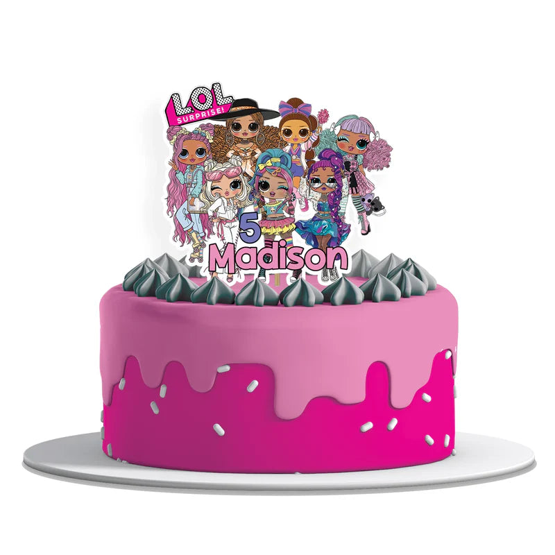 LOL Dolls Personalized Cake Toppers featuring name and age for party desserts