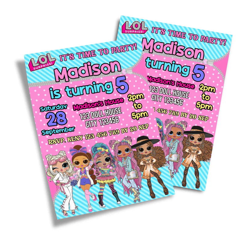 LOL Dolls Personalized Birthday Card Invitations for girls party with custom details