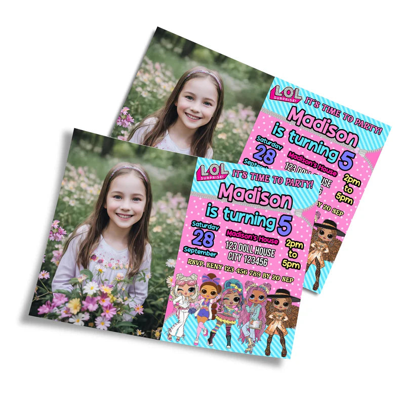 LOL Dolls Personalized Photo Card Invitations with child's photo and birthday info