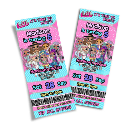 LOL Dolls Personalized Birthday Ticket Invitations in event ticket style design