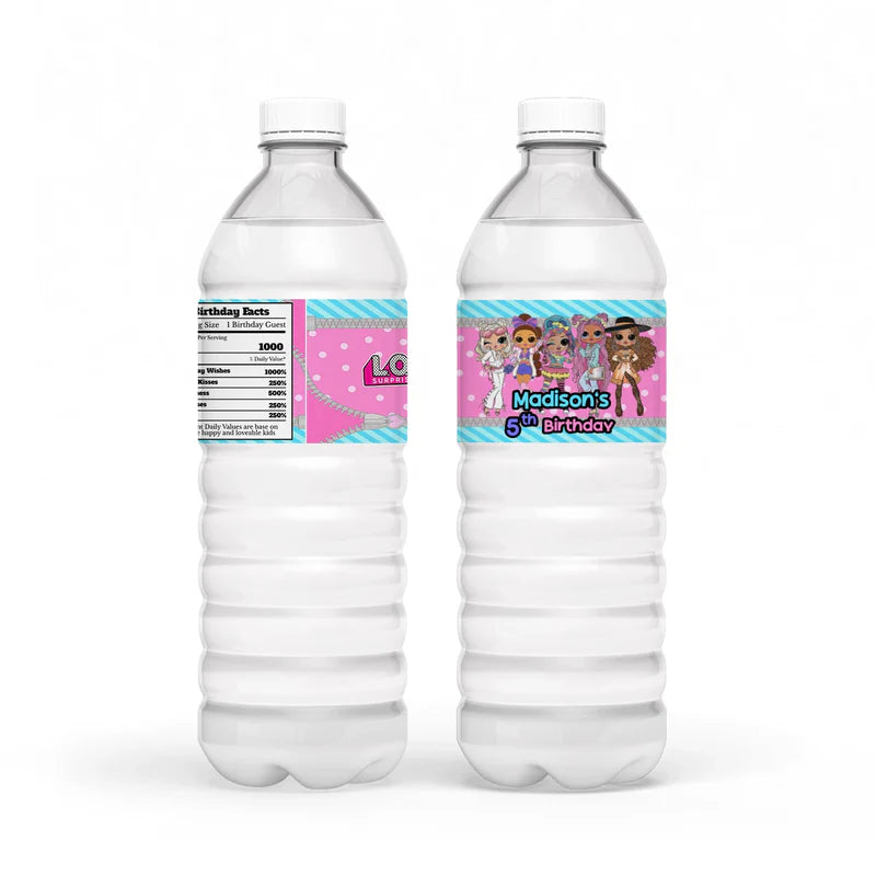 LOL Dolls Water Bottle Label with party name and themed design for bottles