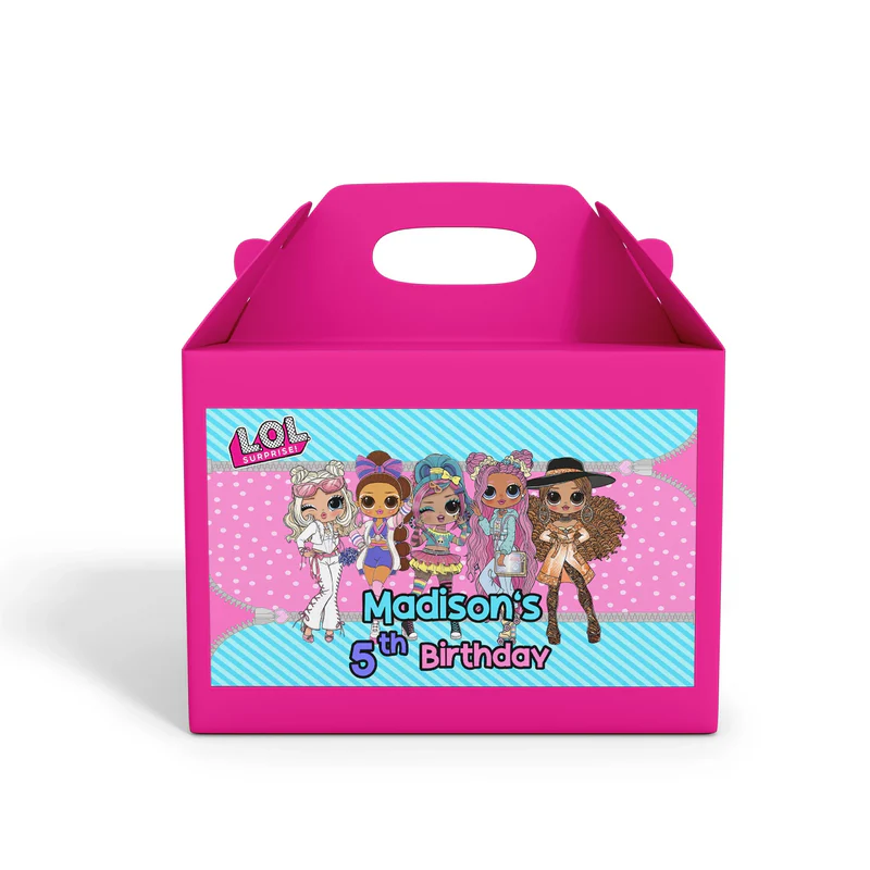 LOL Dolls Treat Box Label with editable name and vibrant party colors