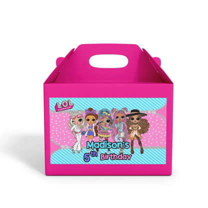 LOL Dolls Treat Box Label with editable name and vibrant party colors