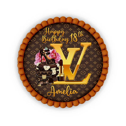 Louis Vuitton inspired edible icing cake images with custom name and brown pattern on white sheet