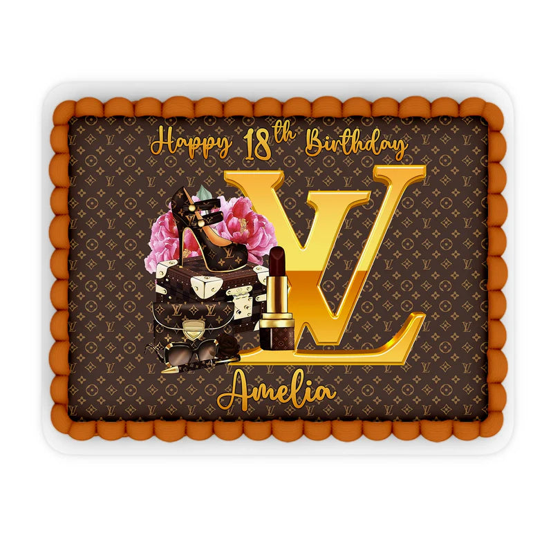 Louis Vuitton inspired edible sheet cake topper with gold text and monogram pattern on white background