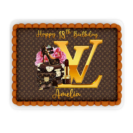 Louis Vuitton inspired edible sheet cake topper with gold text and monogram pattern on white background