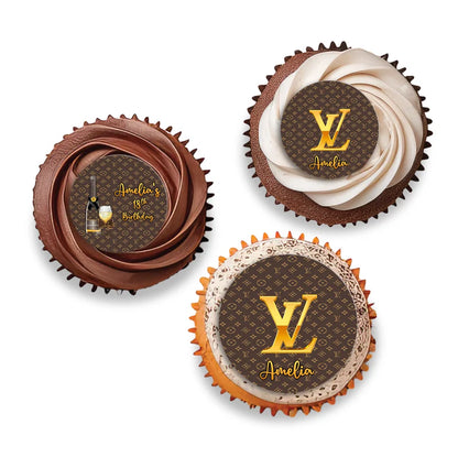 Louis Vuitton inspired cupcake toppers with brown gold monogram design arranged on frosted cupcakes