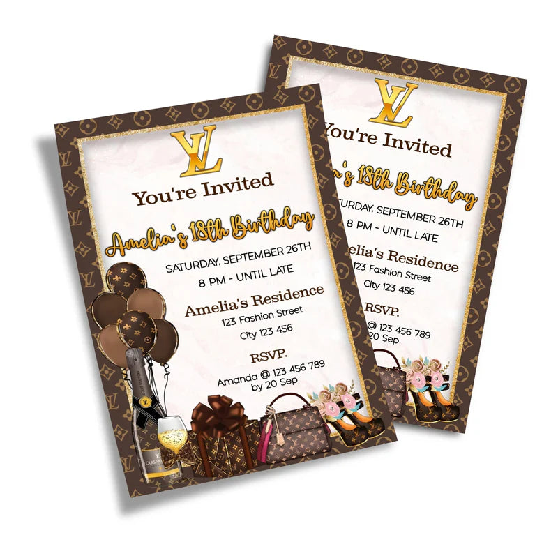 Louis Vuitton inspired birthday card invitations with custom name and brown monogram design flat lay