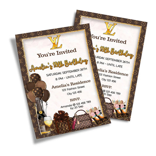 Louis Vuitton inspired birthday card invitations with custom name and brown monogram design flat lay