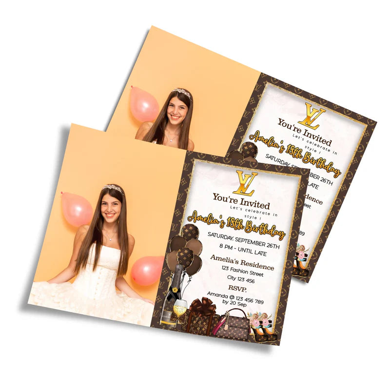Louis Vuitton inspired photo card invitations with personal photo and gold brown pattern flat lay