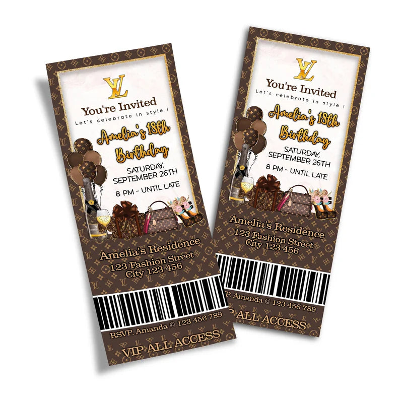 Louis Vuitton inspired birthday ticket invitations with luxury theme and editable text flat lay