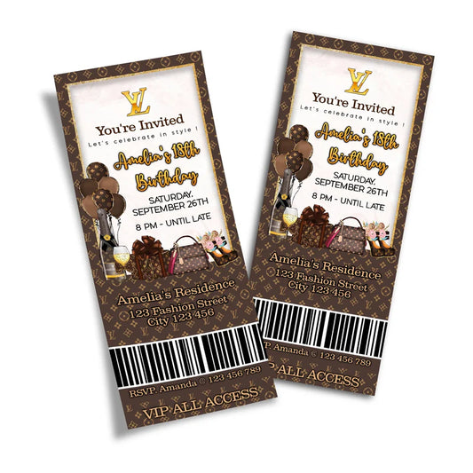 Louis Vuitton inspired birthday ticket invitations with luxury theme and editable text flat lay