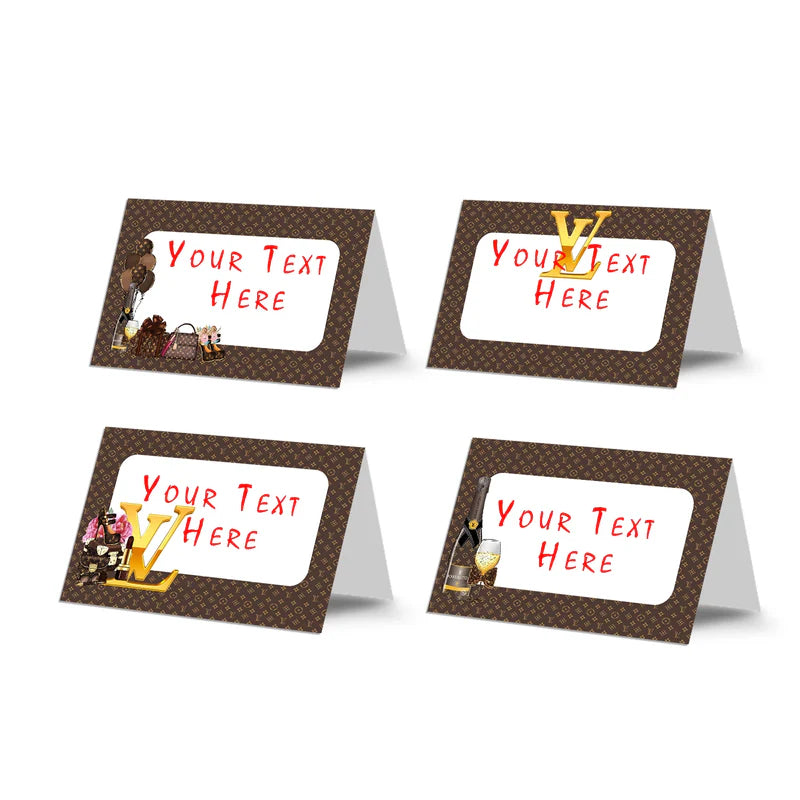 Louis Vuitton inspired food cards with luxury pattern folded and arranged on party table setup