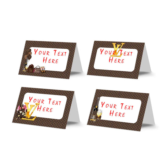 Louis Vuitton inspired food cards with luxury pattern folded and arranged on party table setup