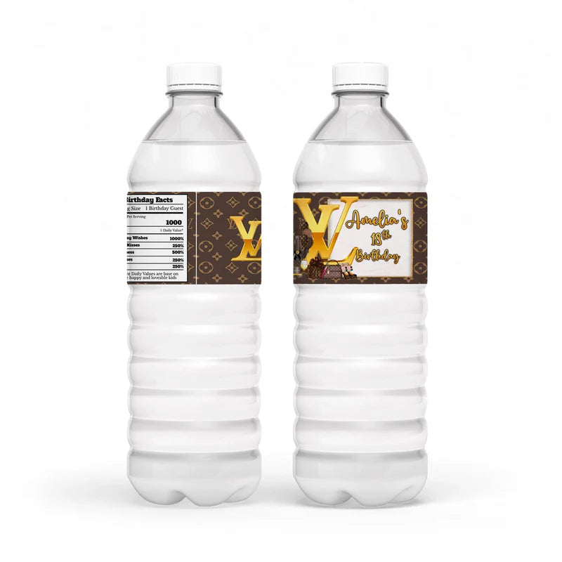 Louis Vuitton inspired water bottle label with custom name and brown gold pattern on white bottle