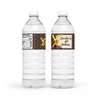 Louis Vuitton inspired water bottle label with custom name and brown gold pattern on white bottle