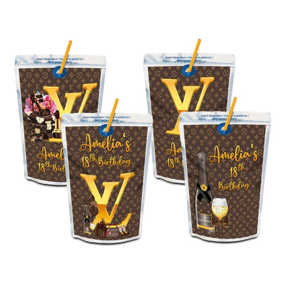 Louis Vuitton inspired juice pouch label with editable text and brown monogram wrap on silver pouch