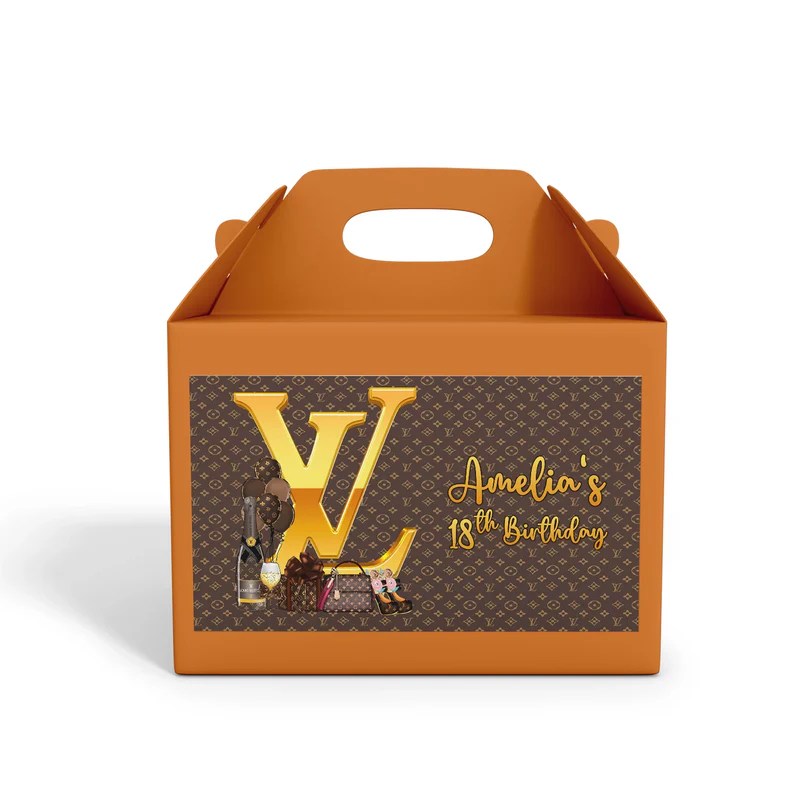 Louis Vuitton inspired treat box label with luxury monogram design on kraft party favor box