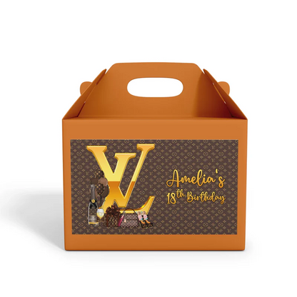 Louis Vuitton inspired treat box label with luxury monogram design on kraft party favor box