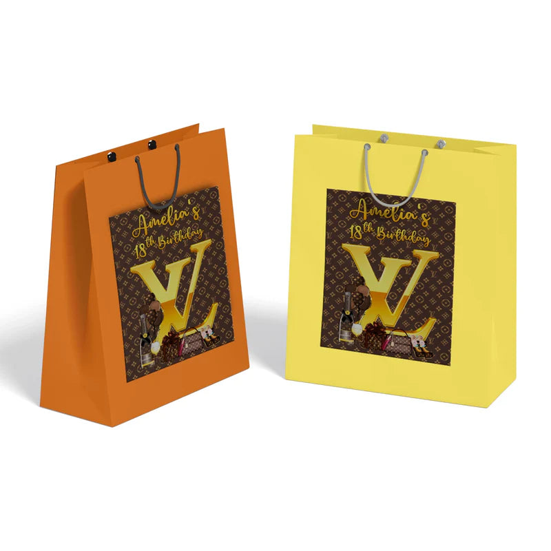 Louis Vuitton inspired goodie bag label with brown designer pattern and custom name on white bag