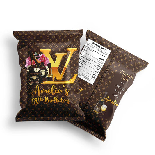 Louis Vuitton inspired chips bag label with editable text and brown monogram pattern flat lay