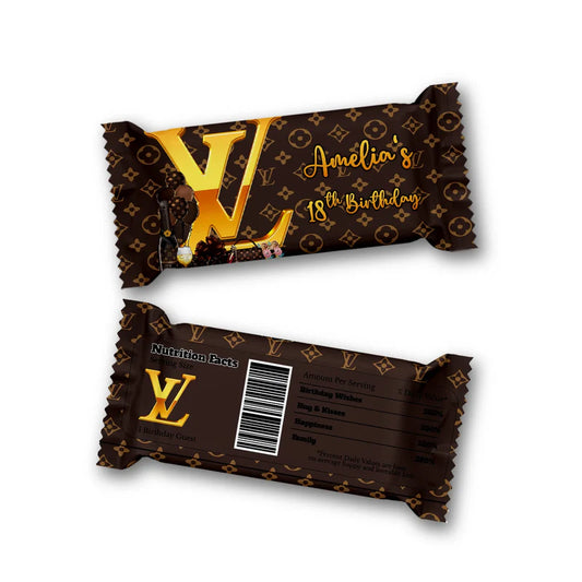 Louis Vuitton inspired Rice Krispies and candy bar label with matching monogram pattern flat lay
