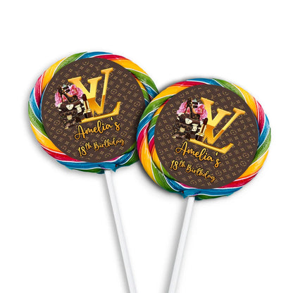 Louis Vuitton inspired lollipop label with round monogram design and name tag on stick candy