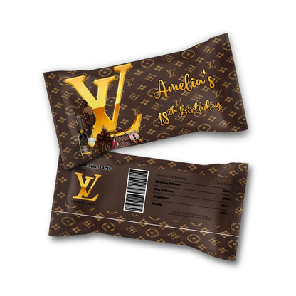Louis Vuitton inspired Skittles label with custom text and brown pattern wrapped on candy pouch